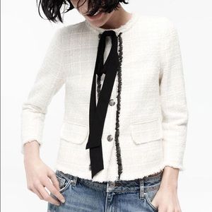 Zara off white tweed jacket with bow XS